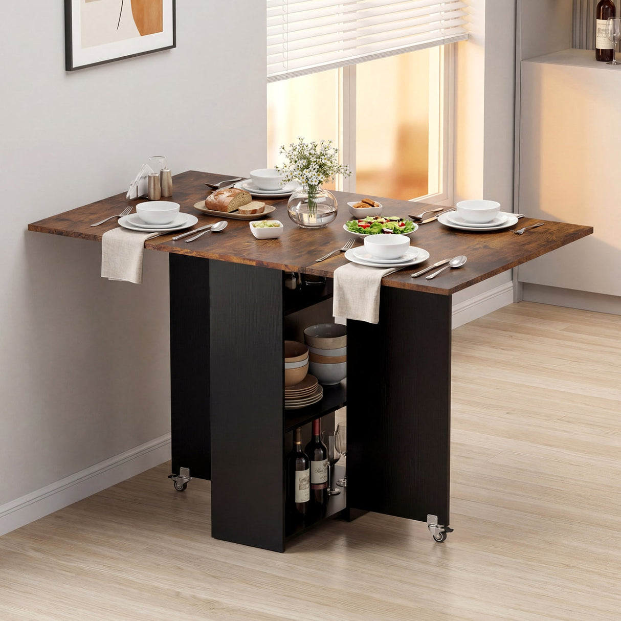 Mesa de comedor de madera extensible estilo rústico de 47.5 pulgadas con ruedas bloqueables