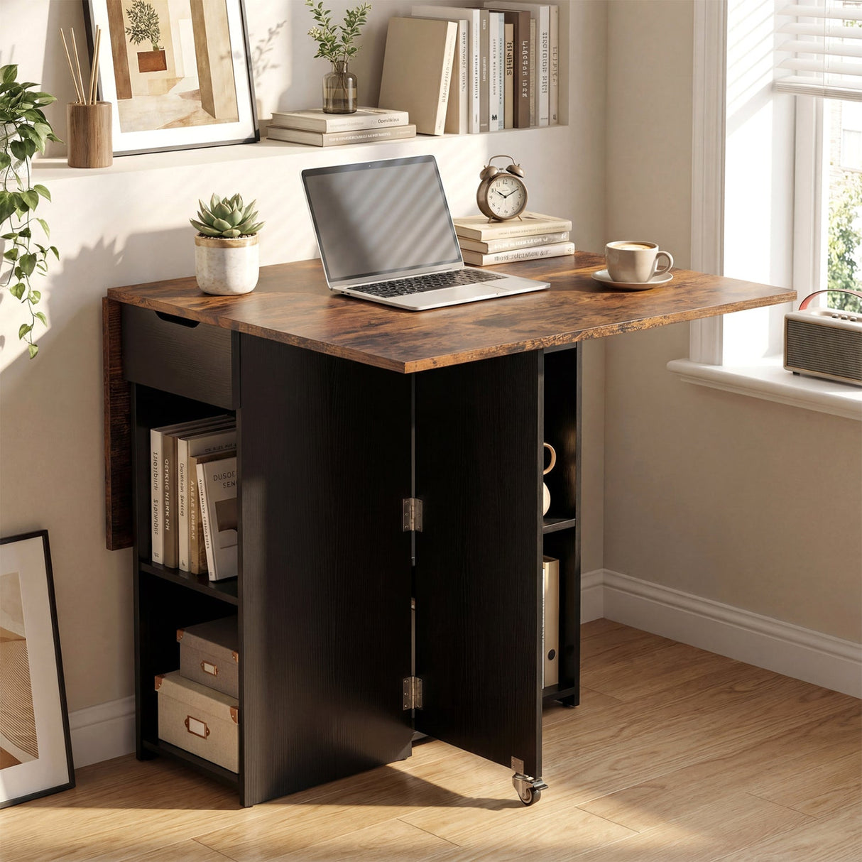Mesa de comedor de madera extensible estilo rústico de 47.5 pulgadas con ruedas bloqueables