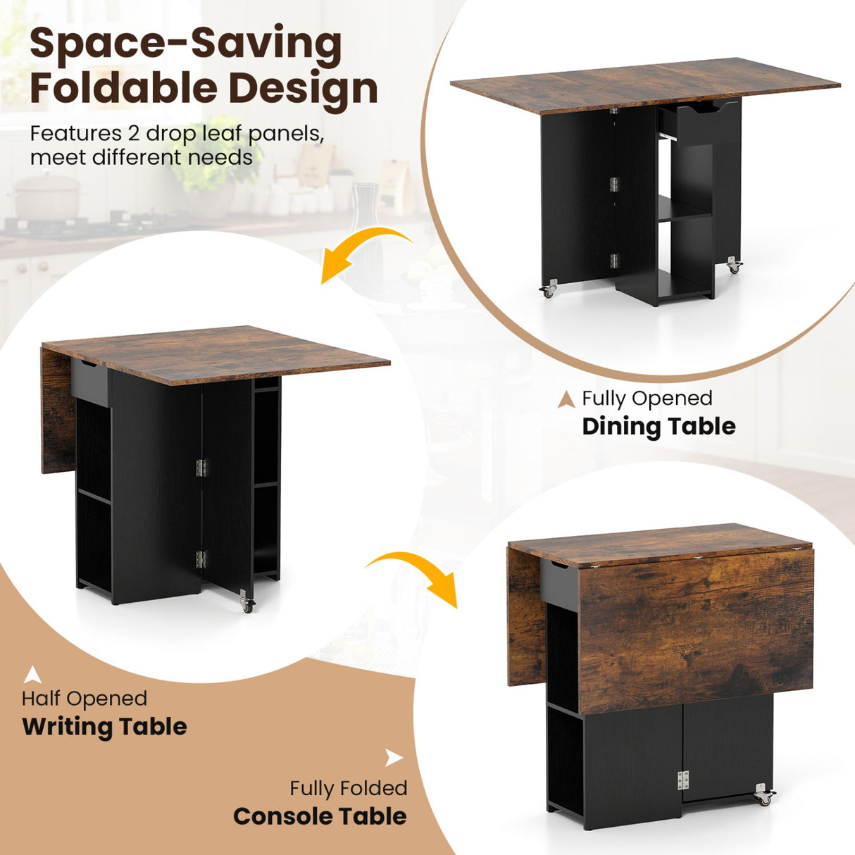 Mesa de comedor de madera extensible estilo rústico de 47.5 pulgadas con ruedas bloqueables