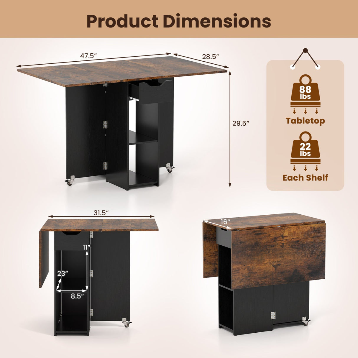 Mesa de comedor de madera extensible estilo rústico de 47.5 pulgadas con ruedas bloqueables