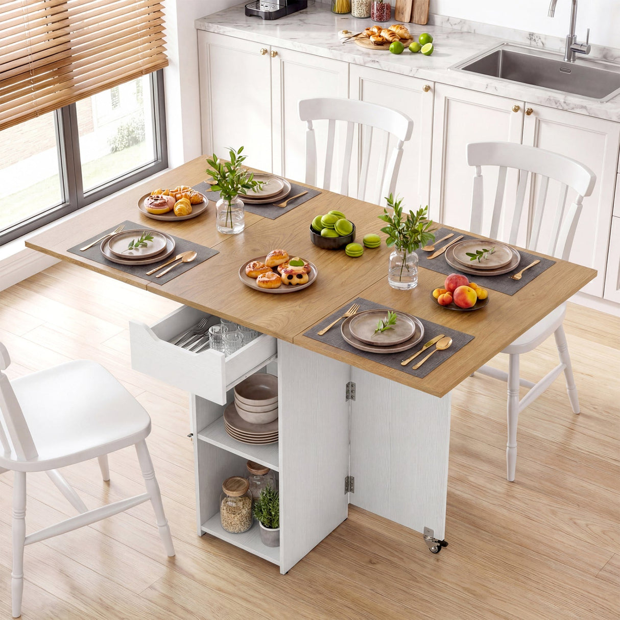 Mesa de comedor de madera extensible estilo rústico de 47.5 pulgadas con ruedas bloqueables