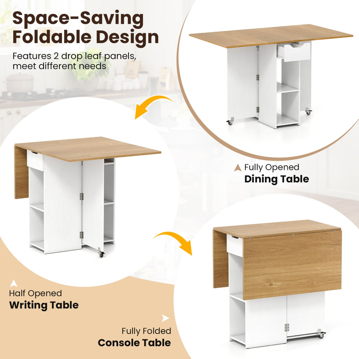 Mesa de comedor de madera extensible estilo rústico de 47.5 pulgadas con ruedas bloqueables