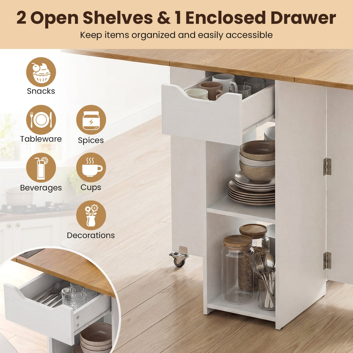 Mesa de comedor de madera extensible estilo rústico de 47.5 pulgadas con ruedas bloqueables