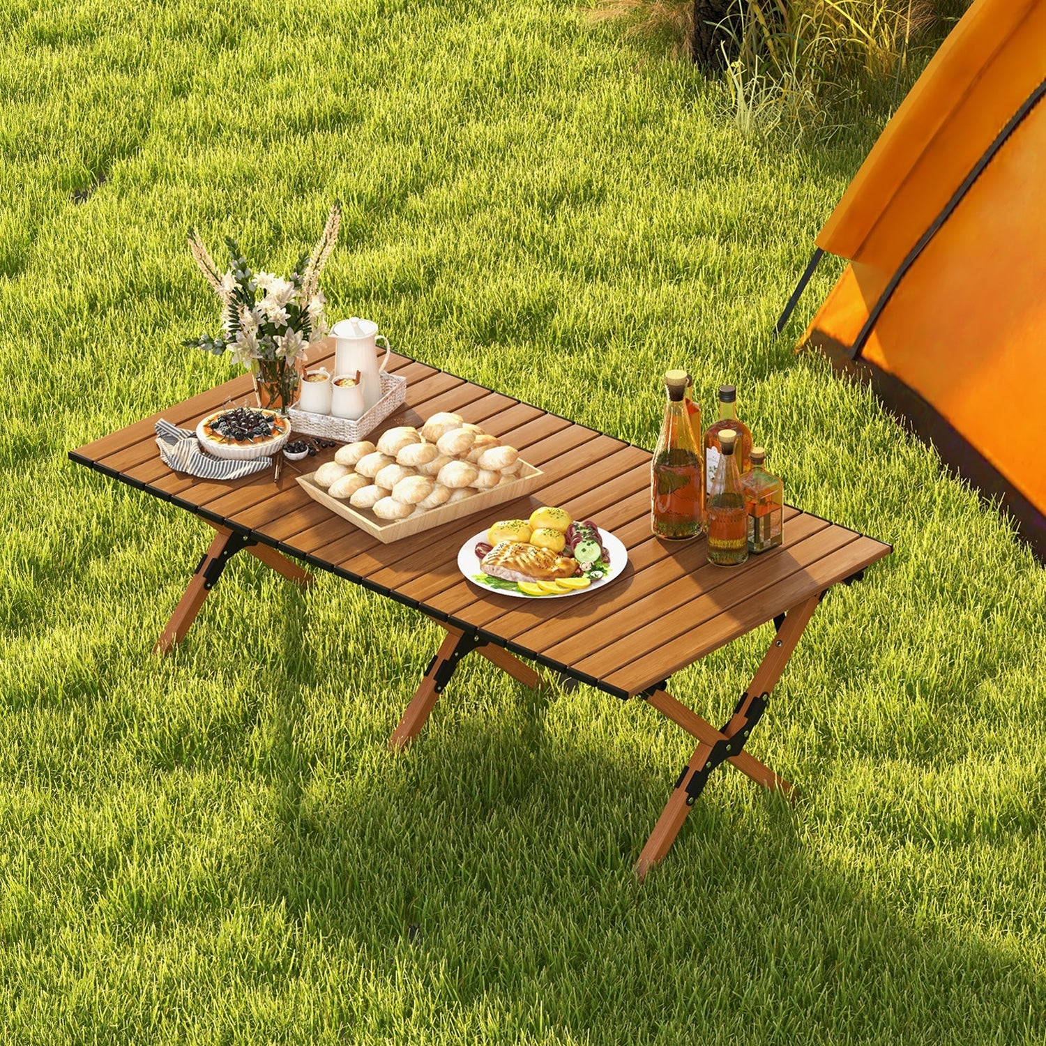 Mesa de camping plegable de aluminio ligero con vetas de madera - L