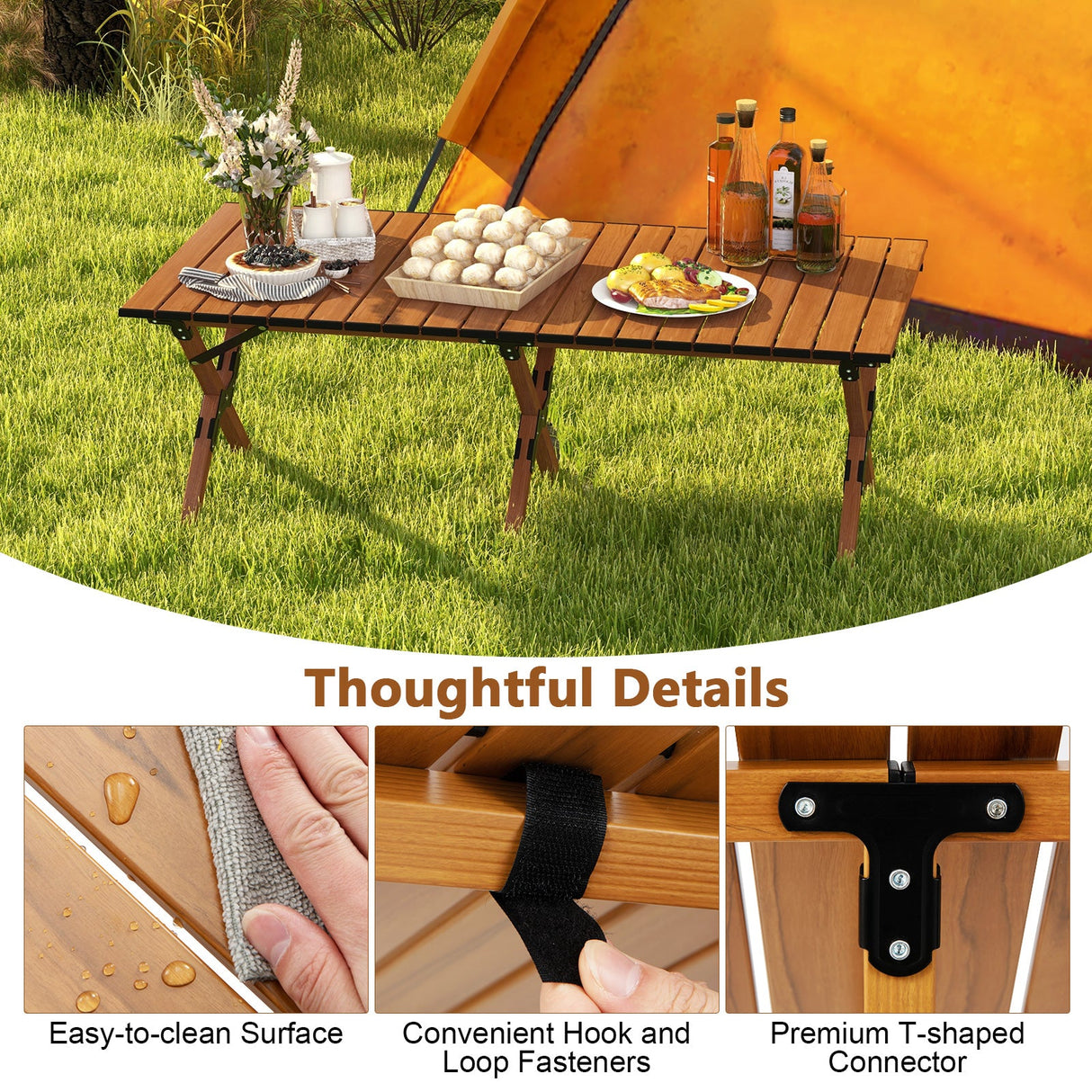 Mesa de camping plegable de aluminio ligero con vetas de madera - L