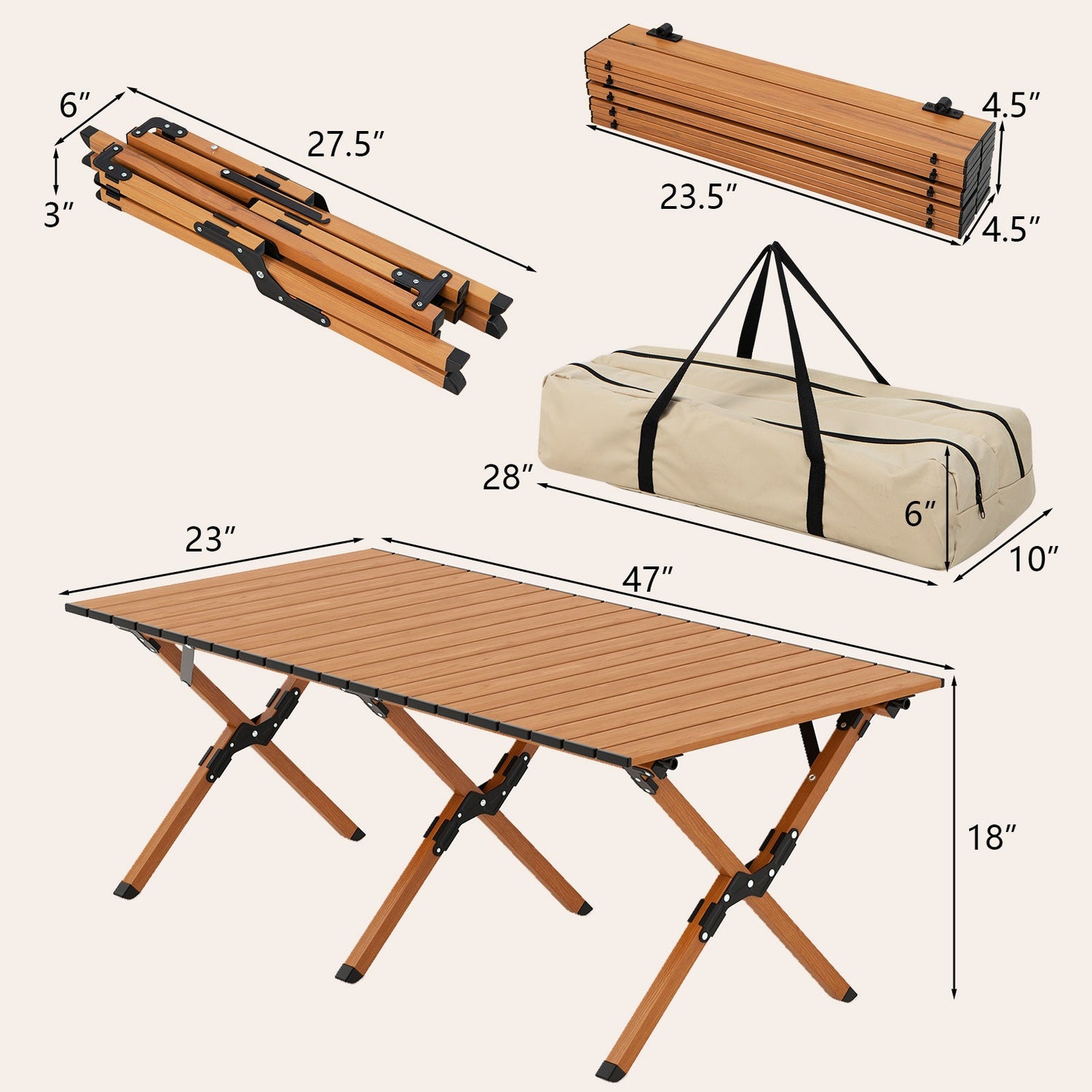 Mesa de camping plegable de aluminio ligero con vetas de madera - L