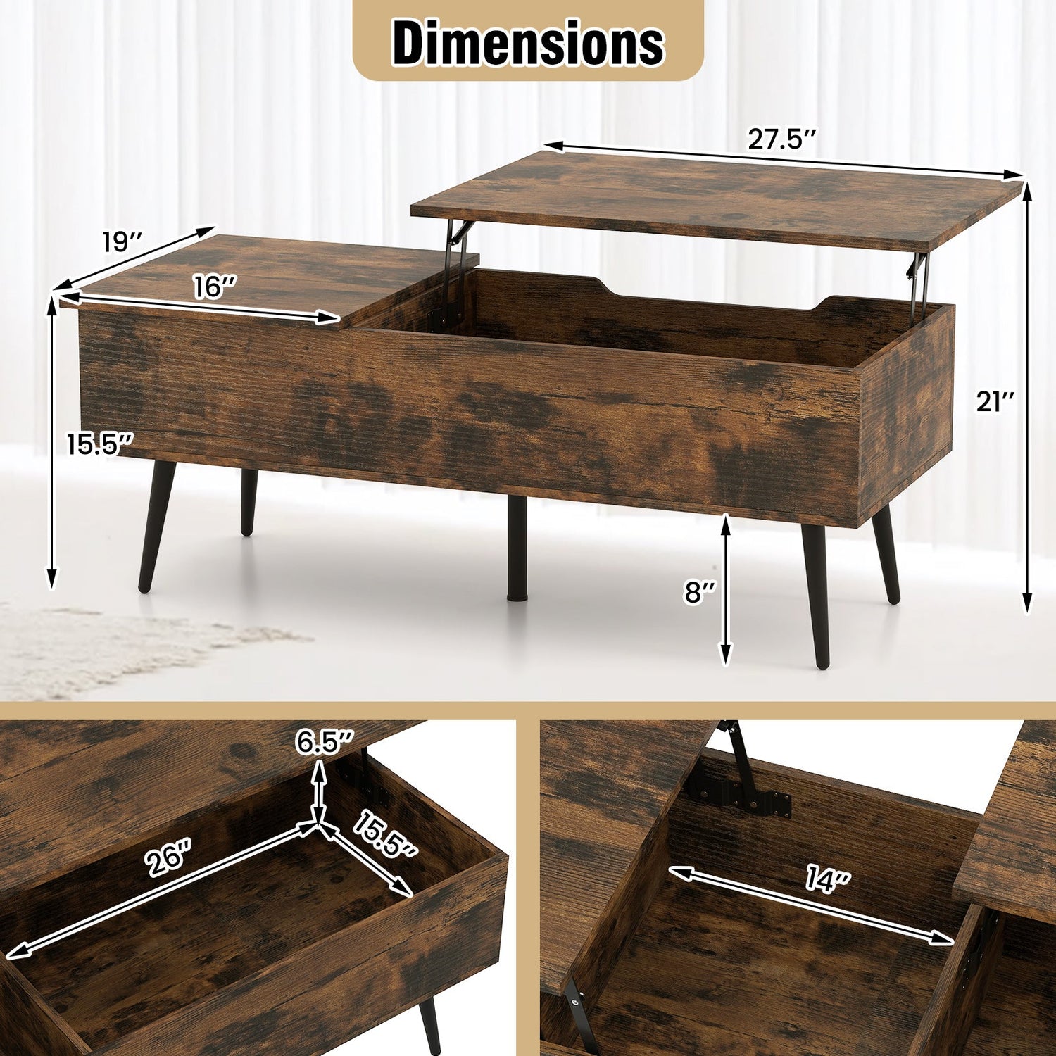 Mesa de centro elevable de 47 pulgadas con 2 compartimentos ocultos