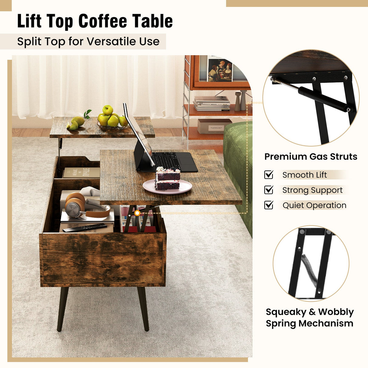 Mesa de centro elevable de 47 pulgadas con 2 compartimentos ocultos