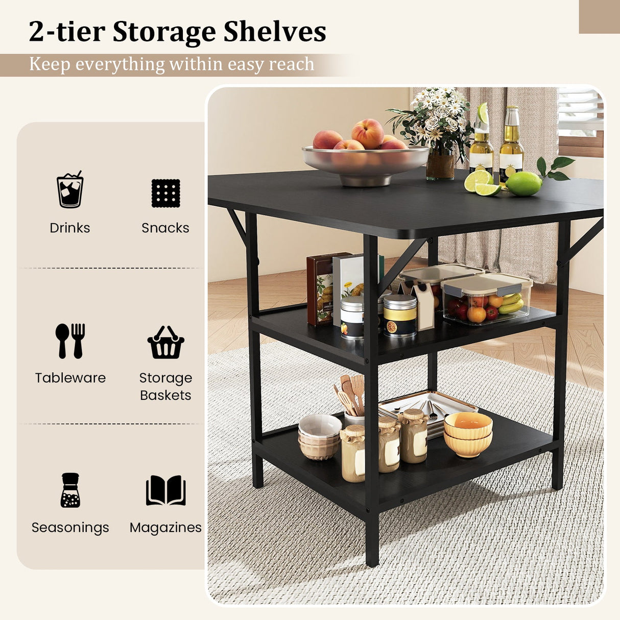 47 Inch Rectangular Dining Table with 2 Open Storage Shelves and Sturdy Metal Legs for 4-6