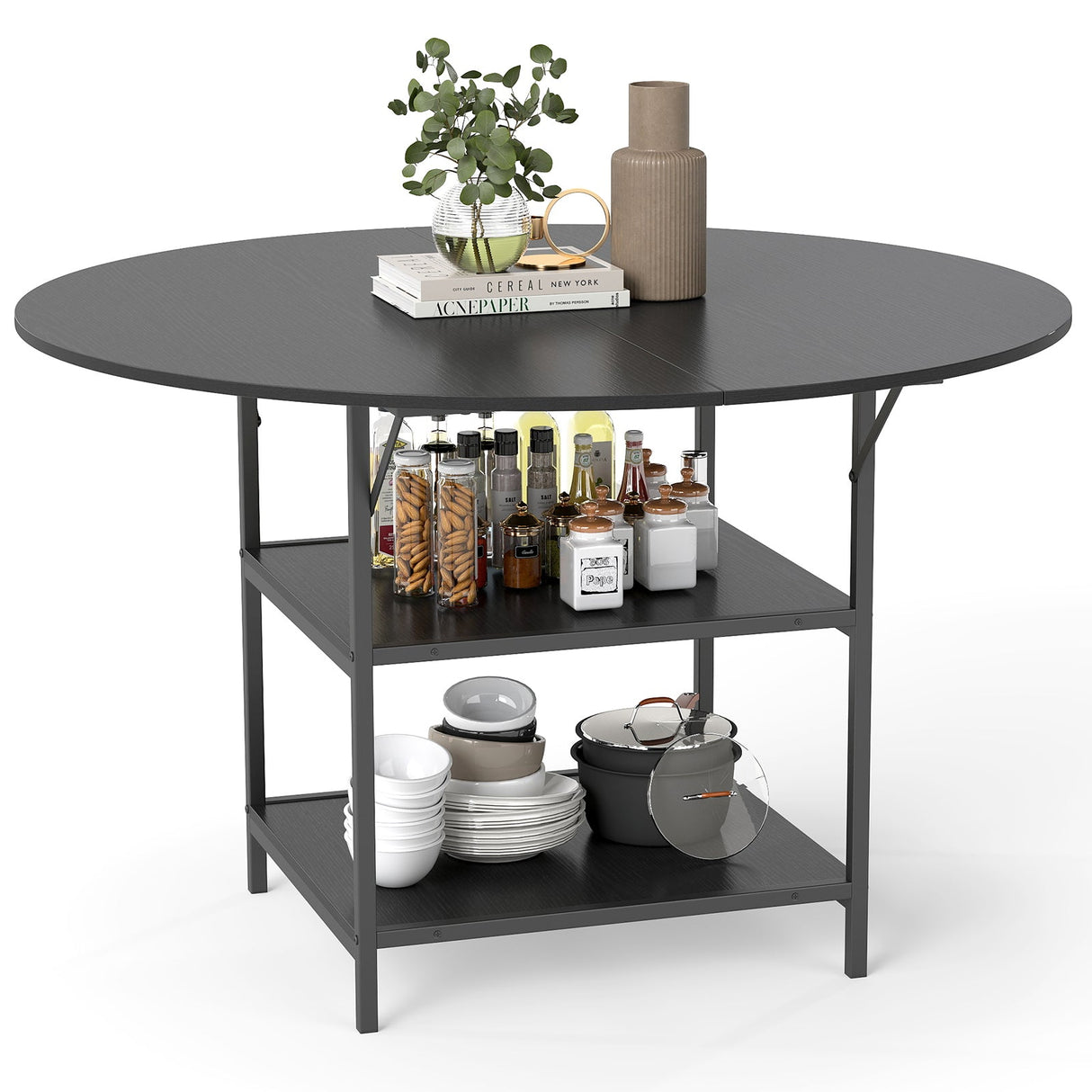 Mesa de comedor redonda de 47 pulgadas para 4-6 personas, mesa de cocina grande con estantes de almacenamiento de 2 niveles