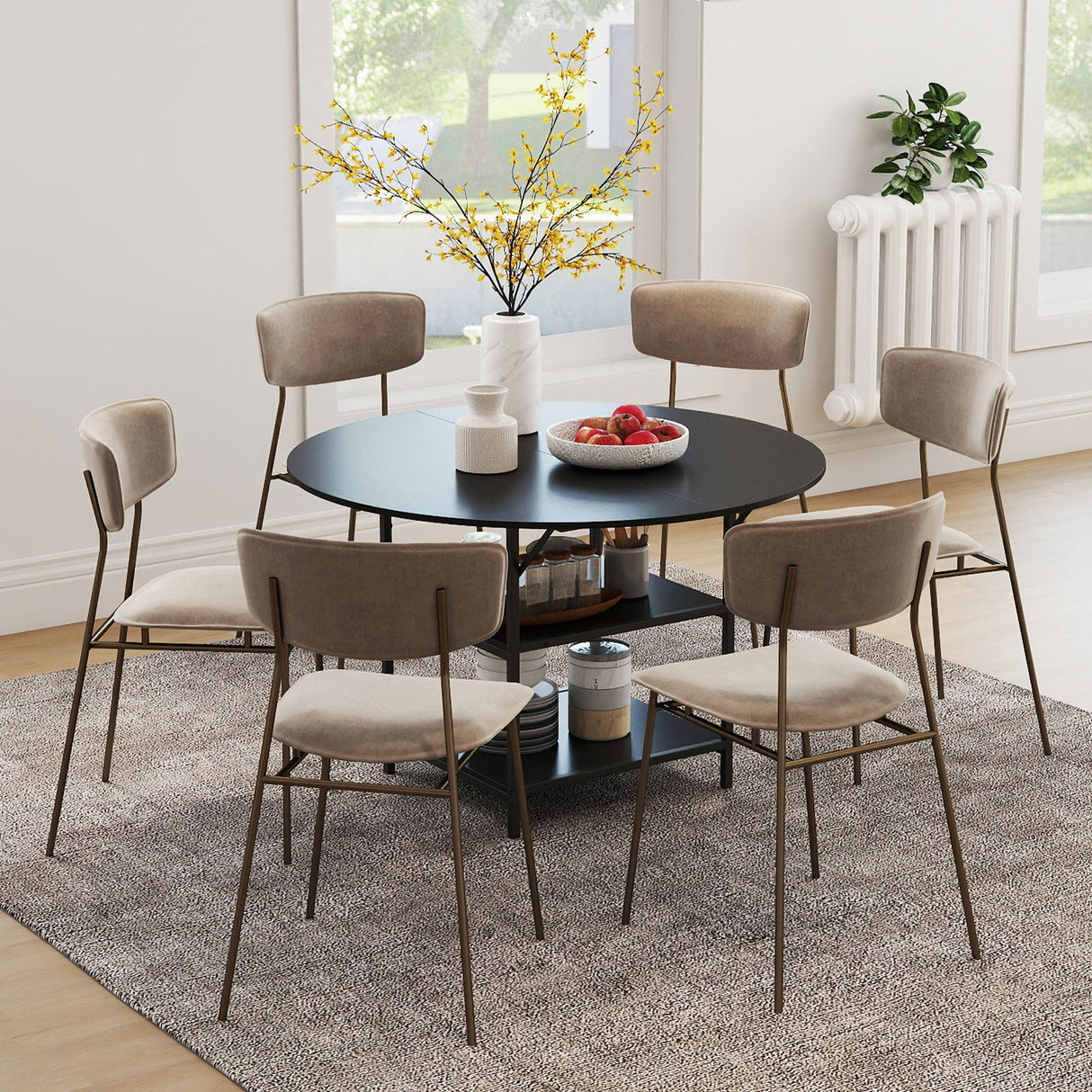 Mesa de comedor redonda de 47 pulgadas para 4-6 personas, mesa de cocina grande con estantes de almacenamiento de 2 niveles