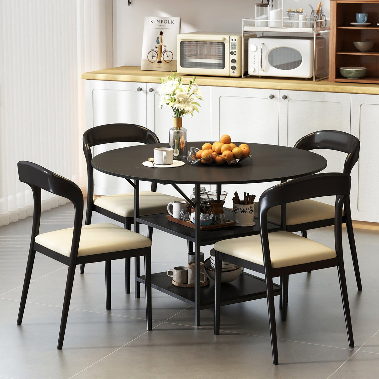 Mesa de comedor redonda de 47 pulgadas para 4-6 personas, mesa de cocina grande con estantes de almacenamiento de 2 niveles