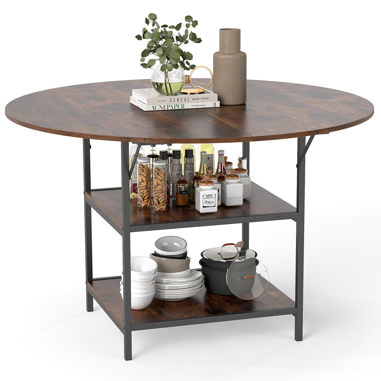 Mesa de comedor redonda de 47 pulgadas para 4-6 personas, mesa de cocina grande con estantes de almacenamiento de 2 niveles