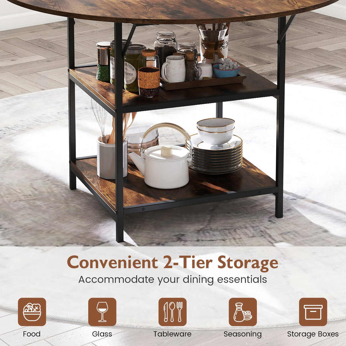 Mesa de comedor redonda de 47 pulgadas para 4-6 personas, mesa de cocina grande con estantes de almacenamiento de 2 niveles
