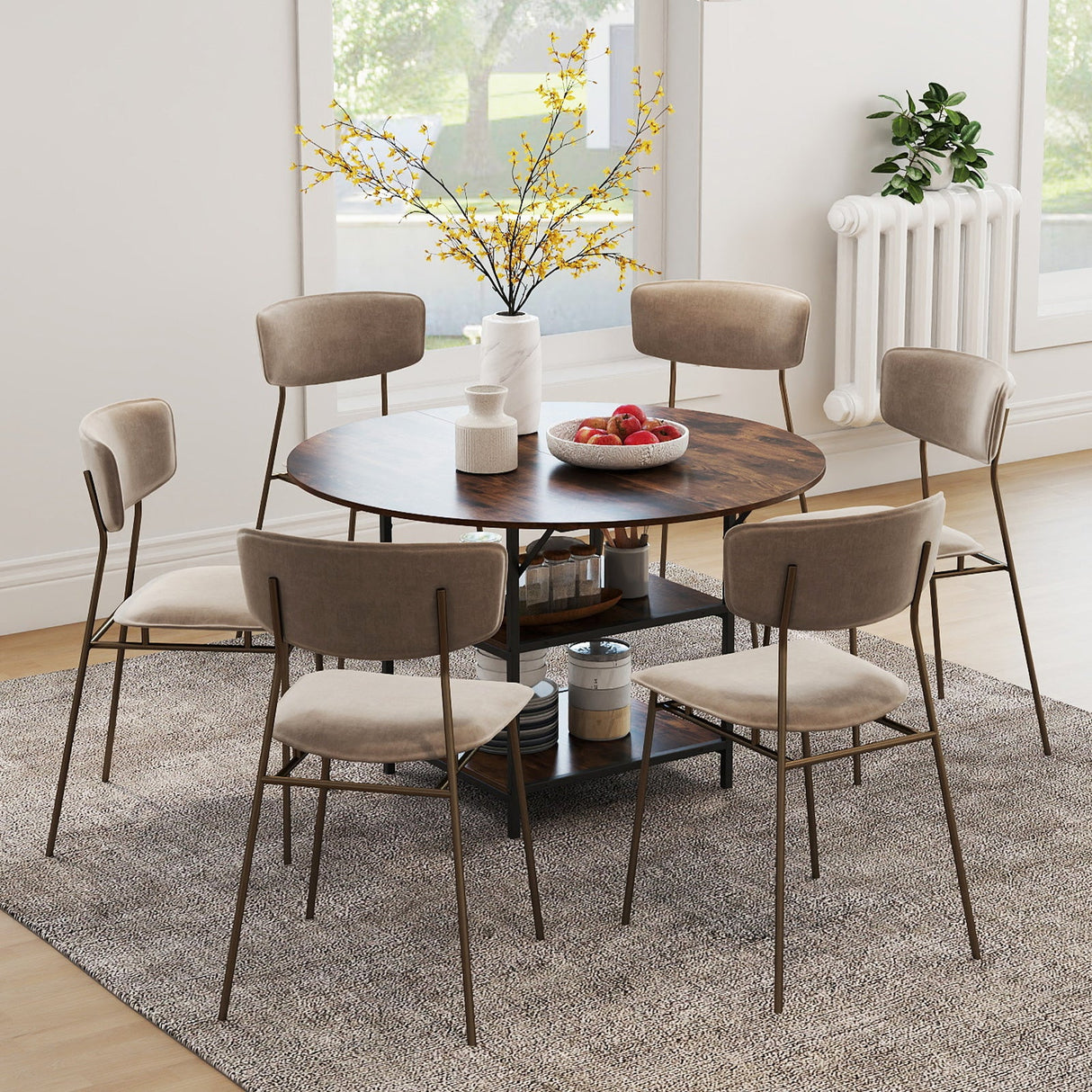 Mesa de comedor redonda de 47 pulgadas para 4-6 personas, mesa de cocina grande con estantes de almacenamiento de 2 niveles