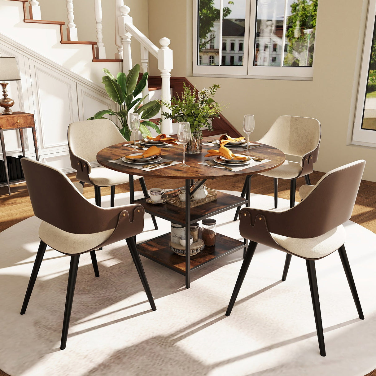 Mesa de comedor redonda de 47 pulgadas para 4-6 personas, mesa de cocina grande con estantes de almacenamiento de 2 niveles