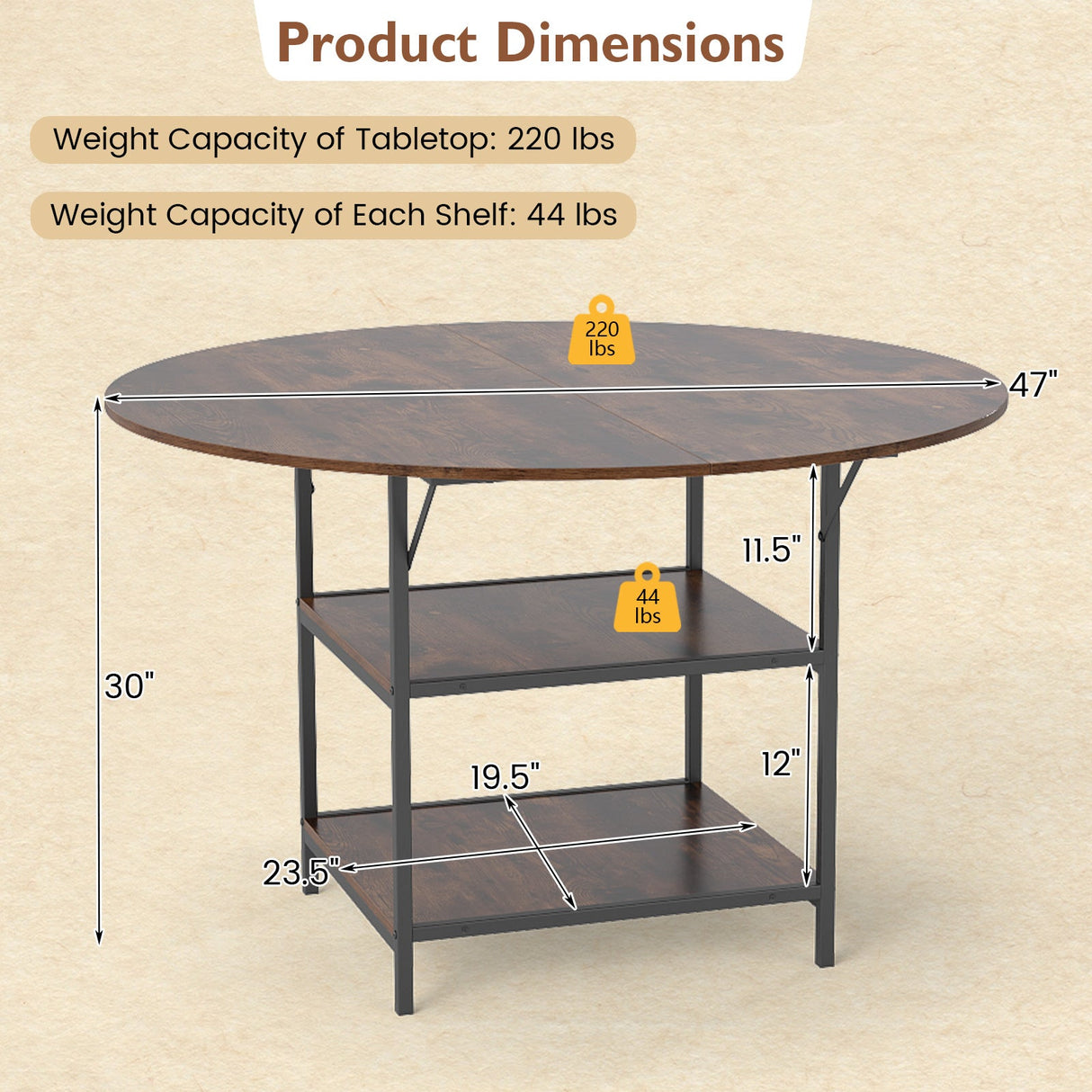 Mesa de comedor redonda de 47 pulgadas para 4-6 personas, mesa de cocina grande con estantes de almacenamiento de 2 niveles