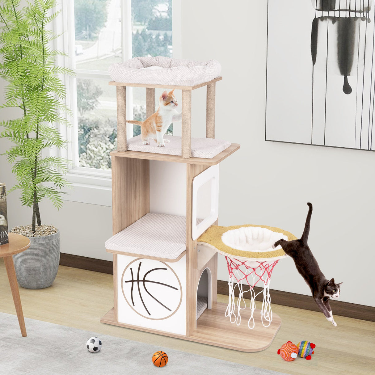 Árbol de gato de madera de 47 pulgadas con condominio para gatos de 2 pisos y hamaca de baloncesto - Natural
