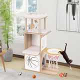 Árbol de gato de madera de 47 pulgadas con condominio para gatos de 2 pisos y hamaca de baloncesto - Natural