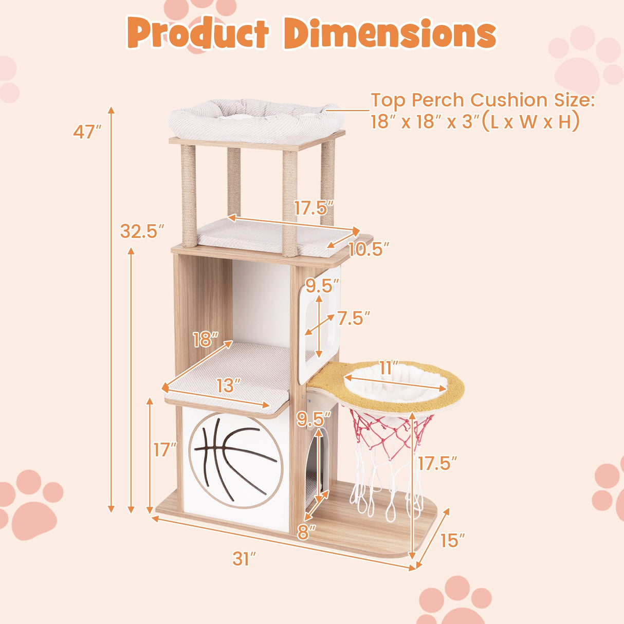 Árbol de gato de madera de 47 pulgadas con condominio para gatos de 2 pisos y hamaca de baloncesto - Natural