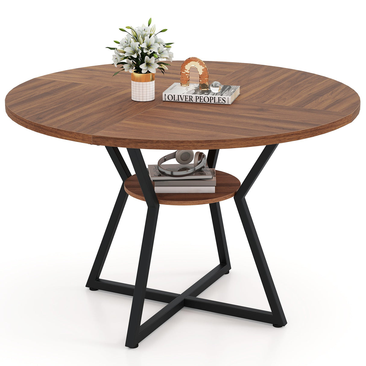 Mesa de comedor redonda de 47 pulgadas para 4 personas con estante de almacenamiento - Marrón