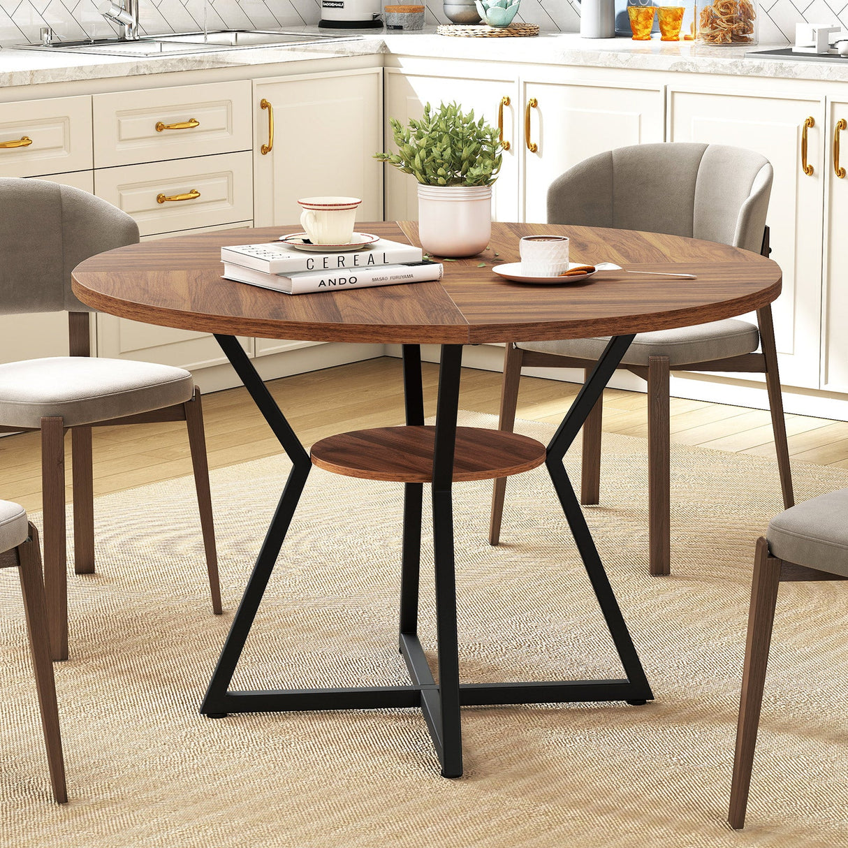 Mesa de comedor redonda de 47 pulgadas para 4 personas con estante de almacenamiento - Marrón