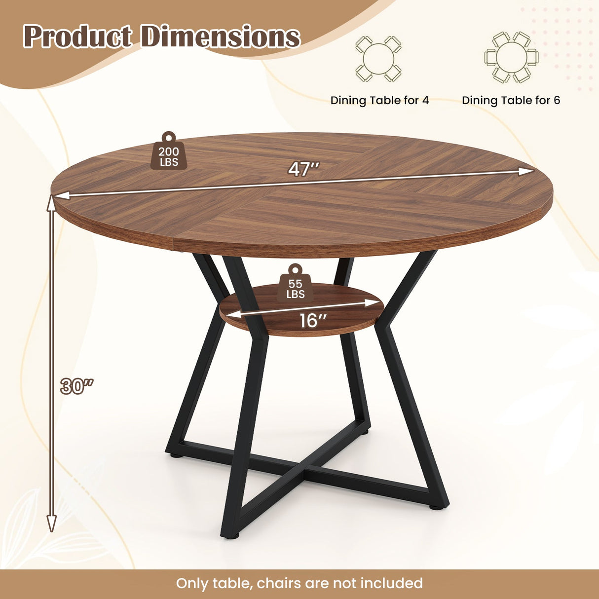 Mesa de comedor redonda de 47 pulgadas para 4 personas con estante de almacenamiento - Marrón