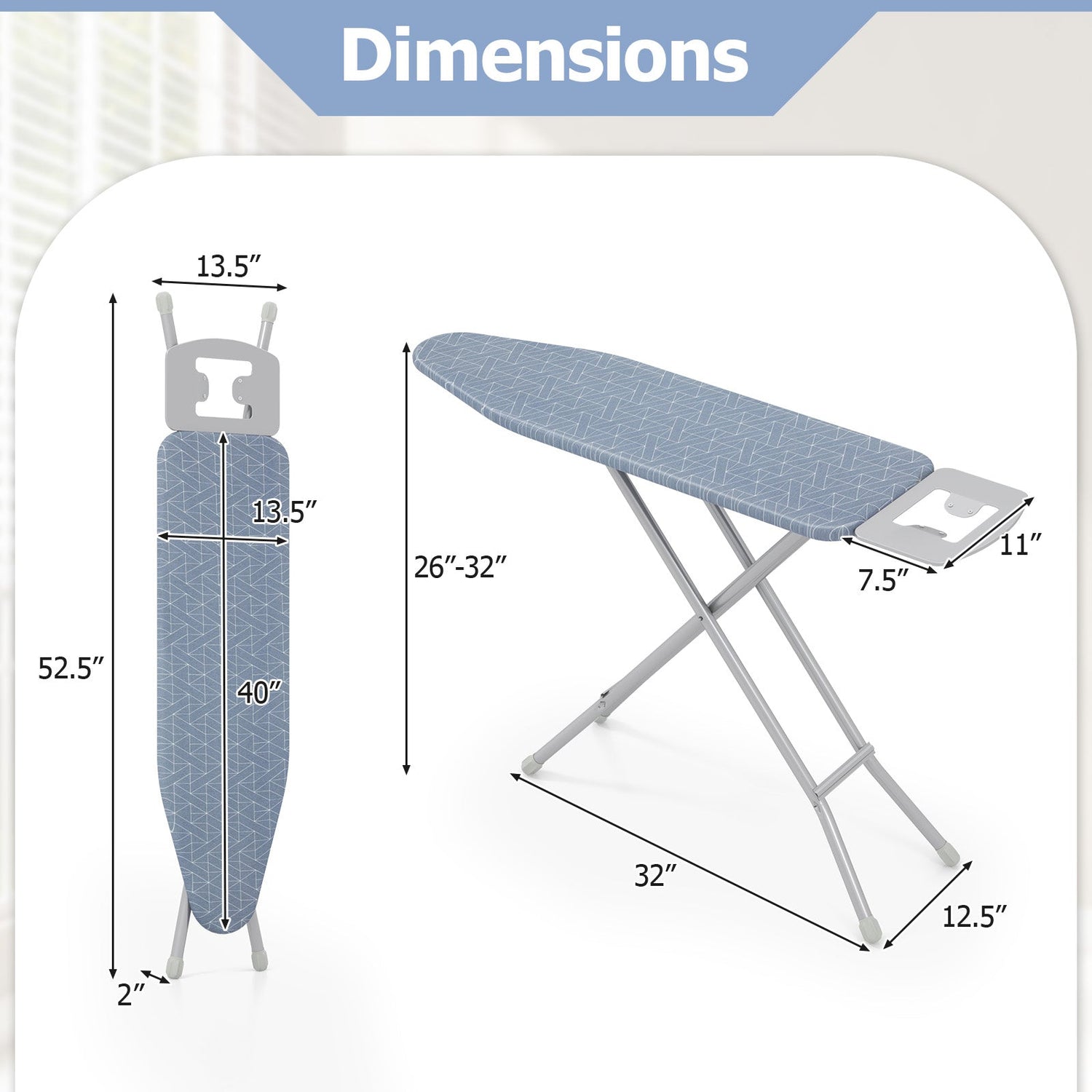 48 Inch x 13.5 Inch Ironing Board with Iron Rest for Home-Gray
