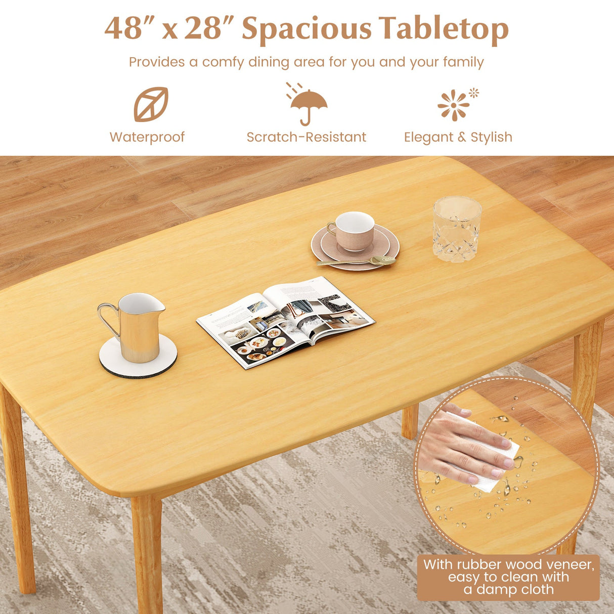 Mesa de comedor de madera maciza de 48 pulgadas con patas de apoyo de madera de caucho para cocina comedor