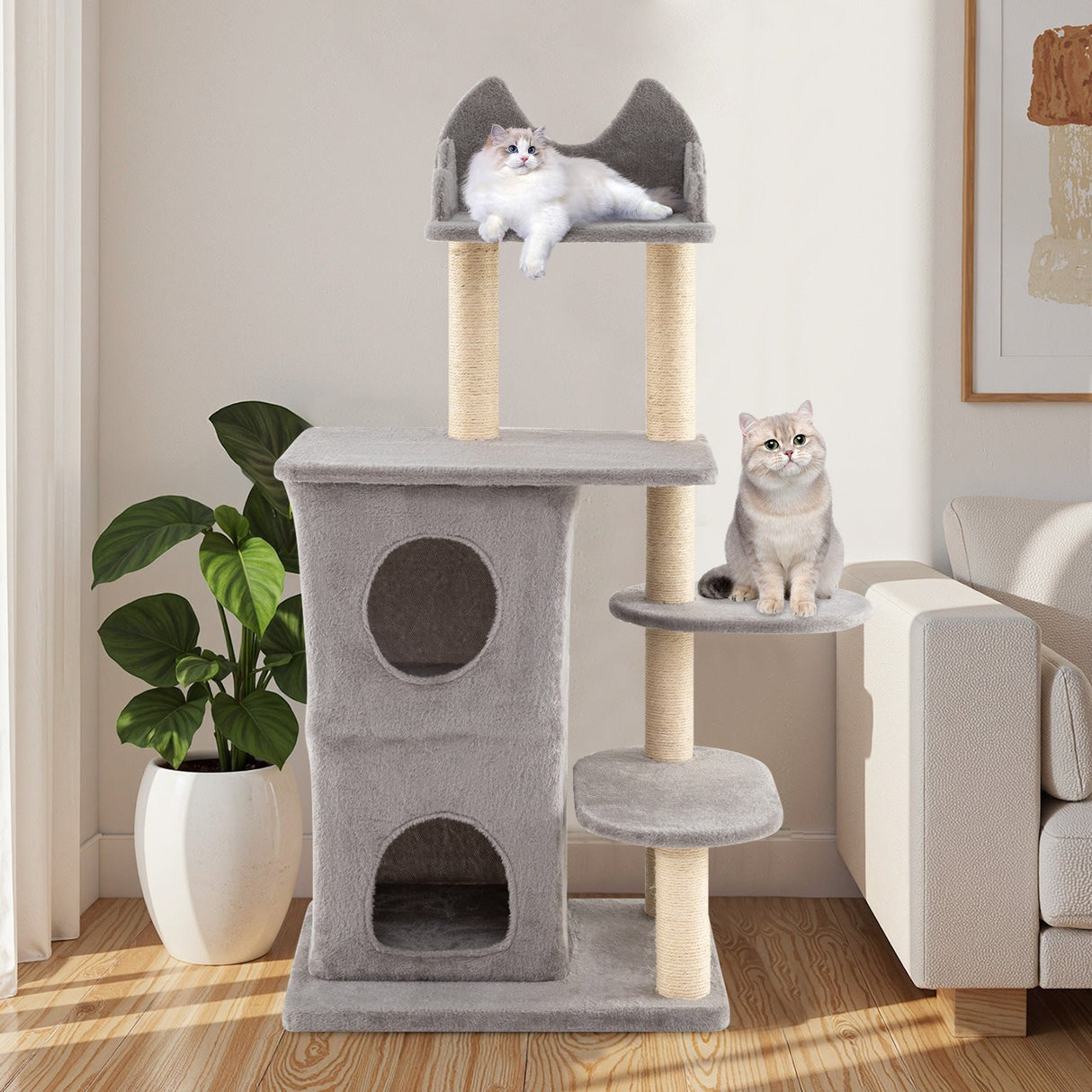 Árbol para gatos de 48.5 pulgadas con condominio de 2 pisos y 3 cuevas escondite para gatos grandes-Gris