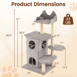Árbol para gatos de 48.5 pulgadas con condominio de 2 pisos y 3 cuevas escondite para gatos grandes-Gris