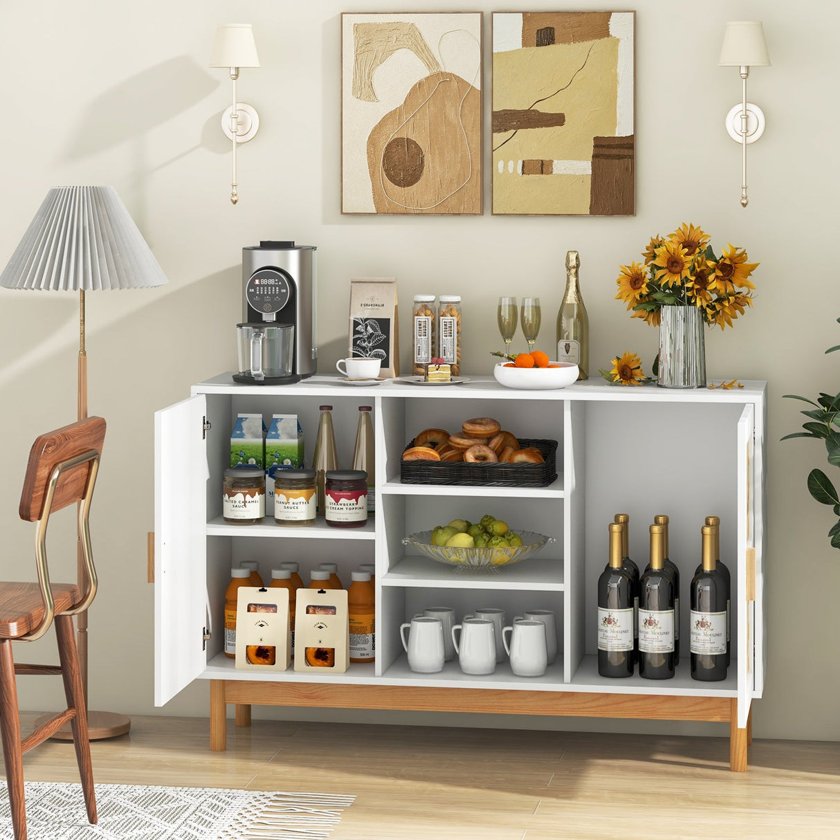 Mueble aparador bufé de 48 pulgadas con 2 puertas de bambú tejidas para almacenamiento en el suelo - Blanco