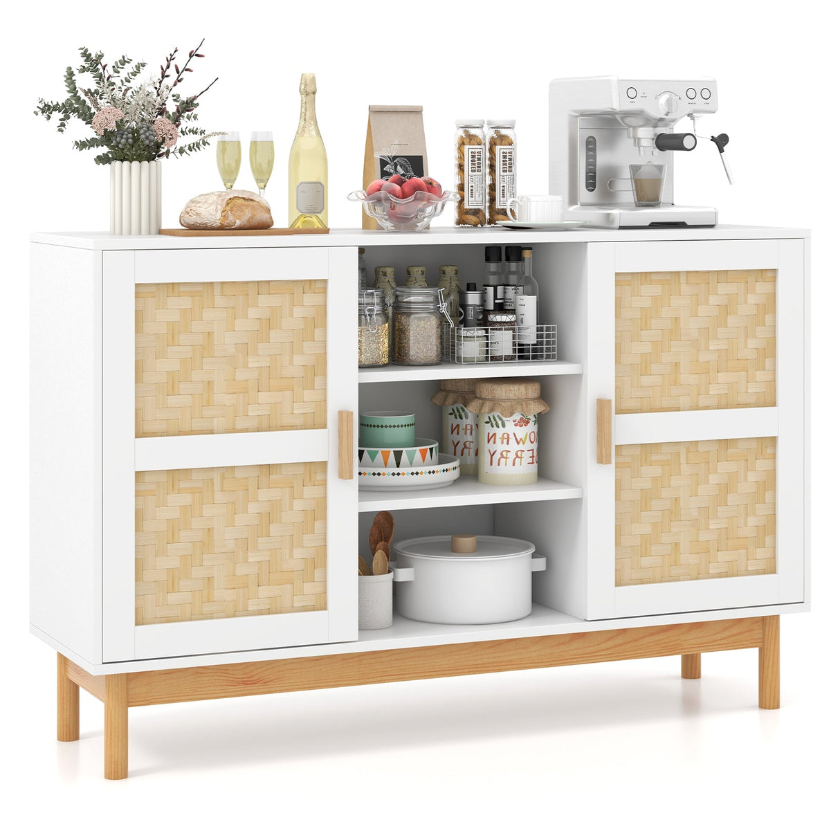 Mueble aparador bufé de 48 pulgadas con 2 puertas de bambú tejidas para almacenamiento en el suelo - Blanco