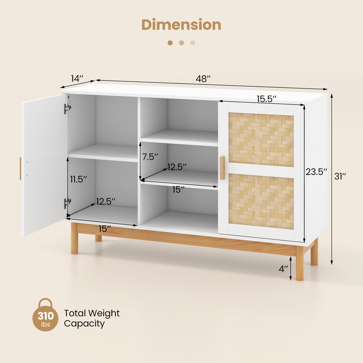 Mueble aparador bufé de 48 pulgadas con 2 puertas de bambú tejidas para almacenamiento en el suelo - Blanco