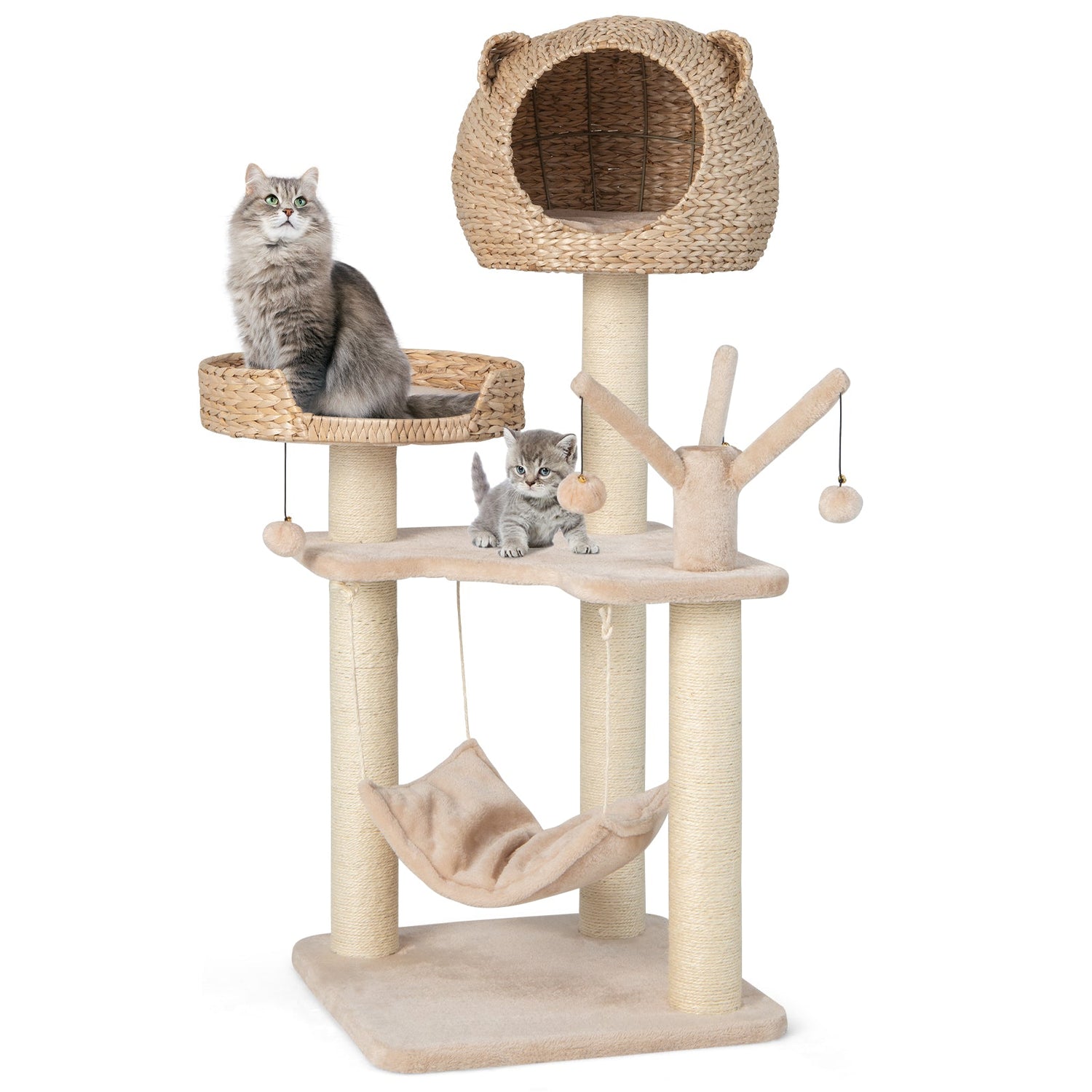 Árbol rascador multinivel para gatos con condominio, hamaca y pelotas colgantes giratorias - Natural