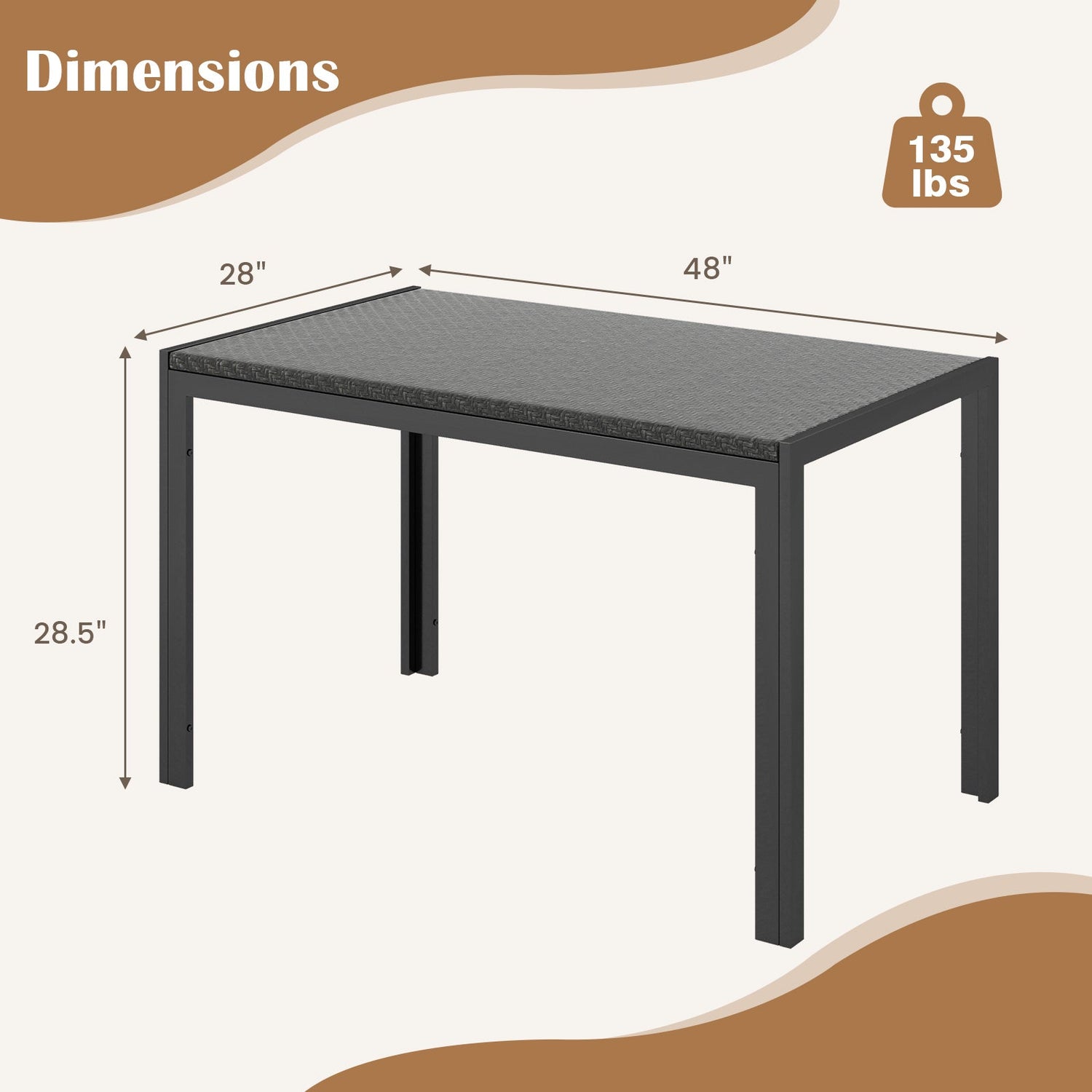 Mesa de comedor de mimbre de 48 pulgadas para patio, rectangular, de ratán - Marrón
