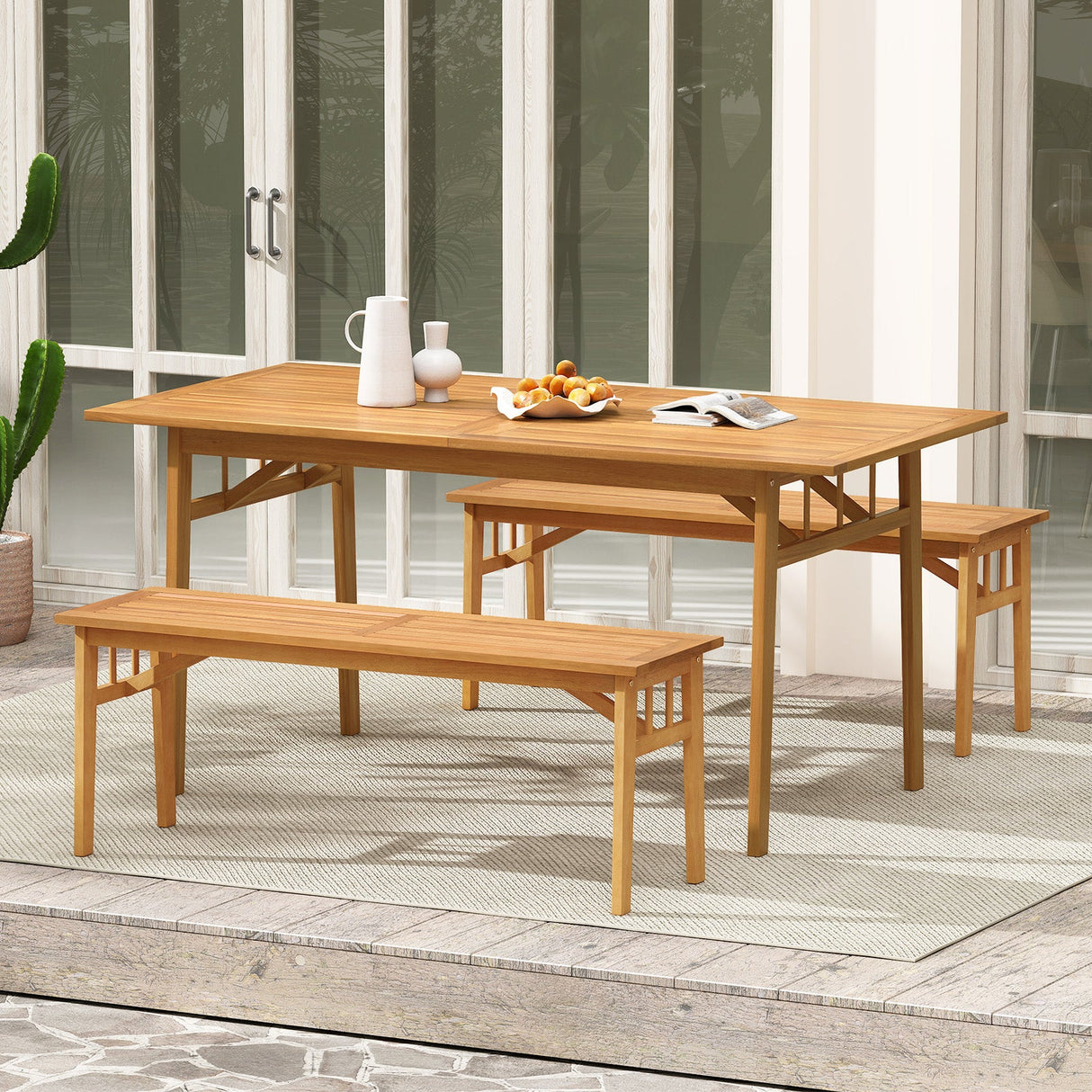 Banco de madera de acacia de 48 pulgadas con asiento de listones transpirable y estructura triangular estable