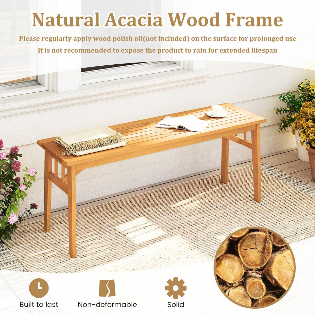 Banco de madera de acacia de 48 pulgadas con asiento de listones transpirable y estructura triangular estable