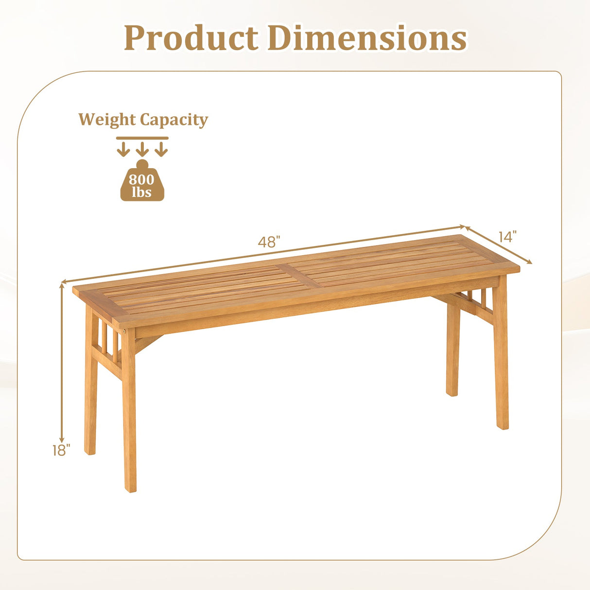 Banco de madera de acacia de 48 pulgadas con asiento de listones transpirable y estructura triangular estable