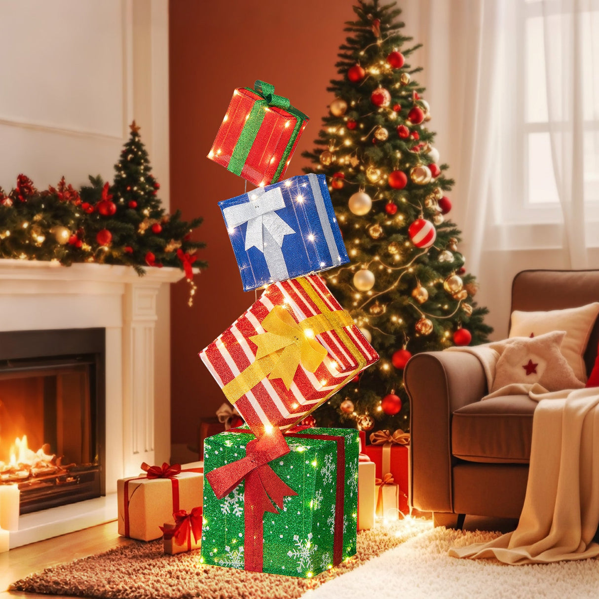 48 Inches Lighted Stacked Gift Boxes with Built-in LED Lights and Decorative Bows