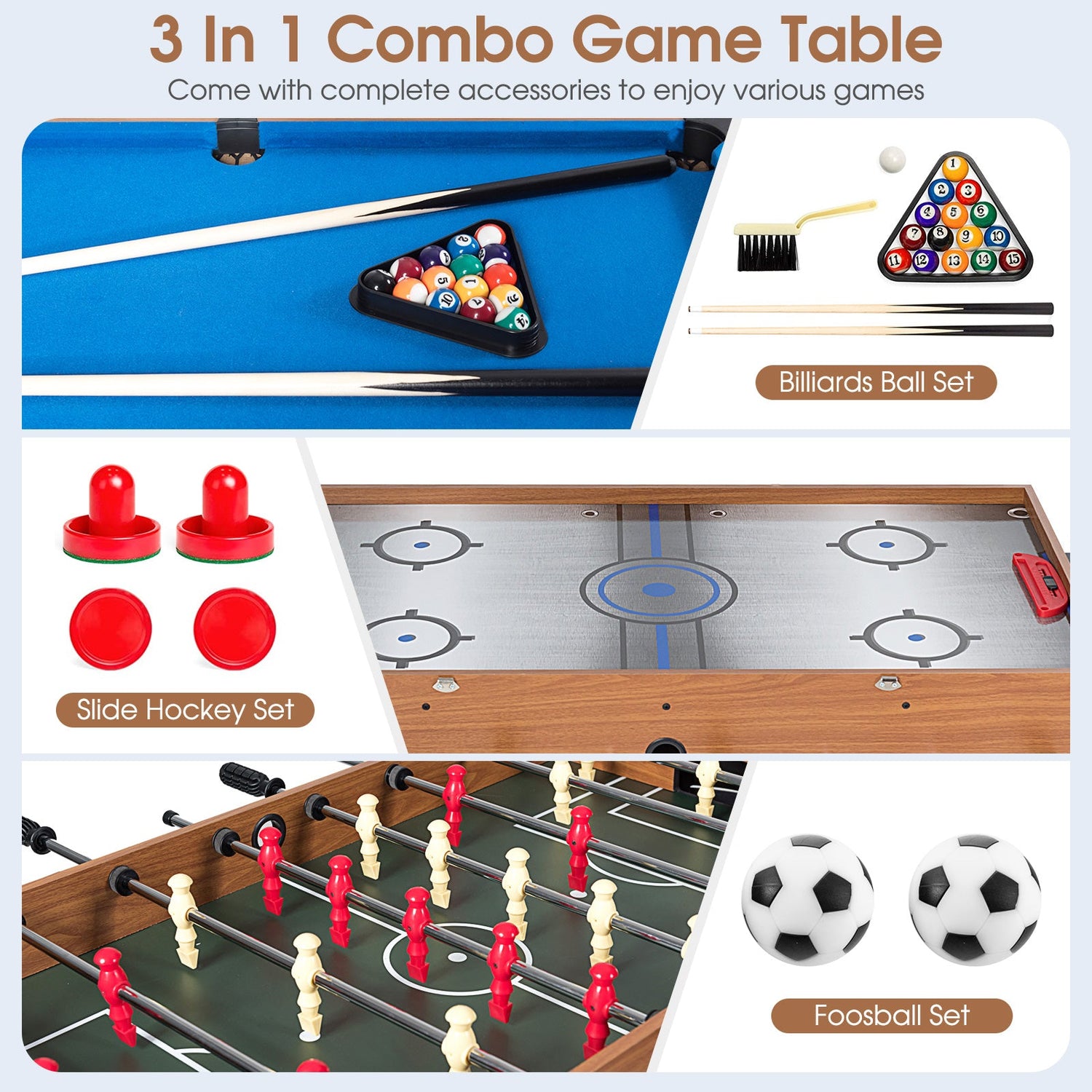 Mesa de juegos combinada 3 en 1 de 48 pulgadas con fútbol para salas de juegos