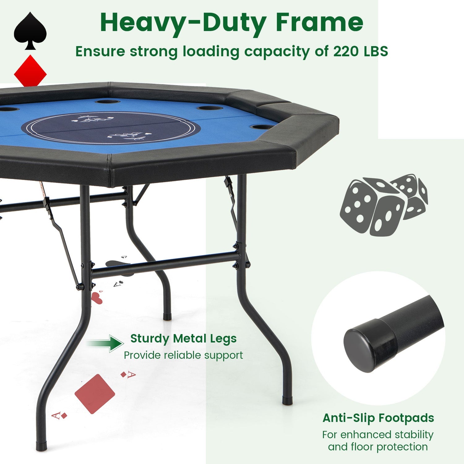 48 Inches Foldable Poker Table with Padded Rails and Cup Holders