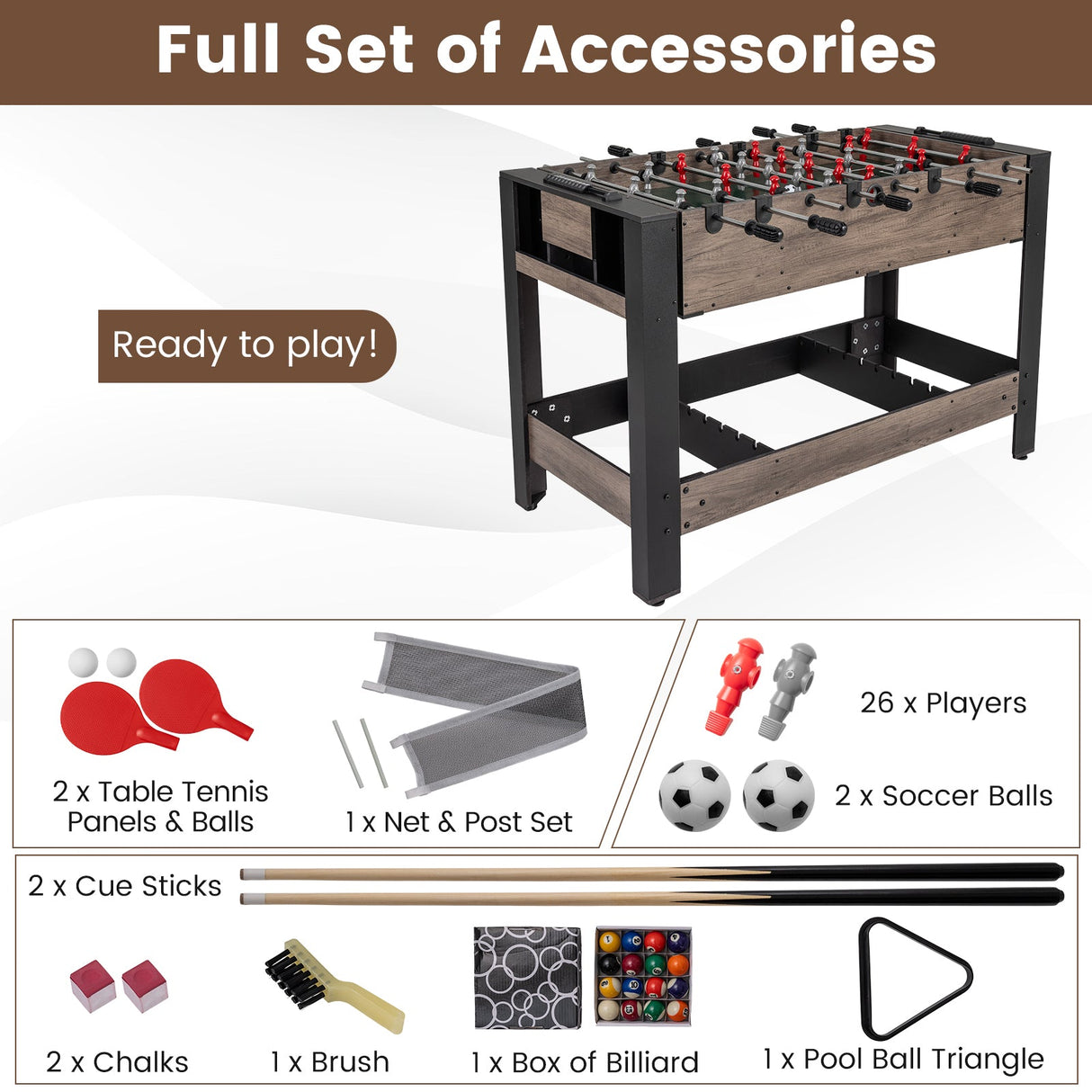 Mesa de juego combinada de 49 pulgadas con billar - Marrón