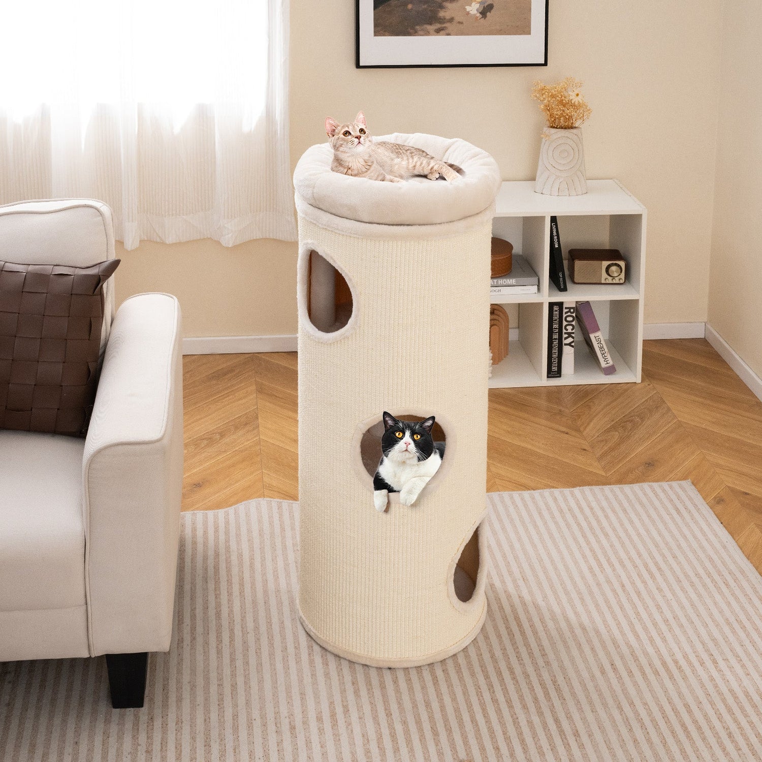 Cueva Elevada para Gatos de 49 Pulgadas, Casa para Gatos de 4 Niveles para Múltiples Gatos - Beige