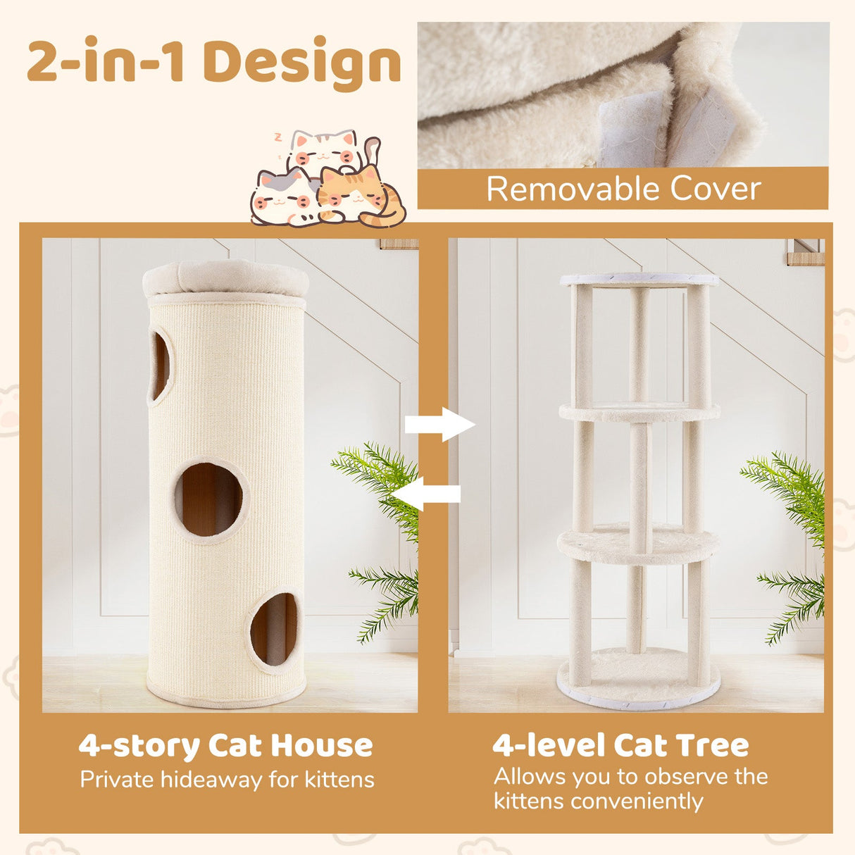 Cueva Elevada para Gatos de 49 Pulgadas, Casa para Gatos de 4 Niveles para Múltiples Gatos - Beige