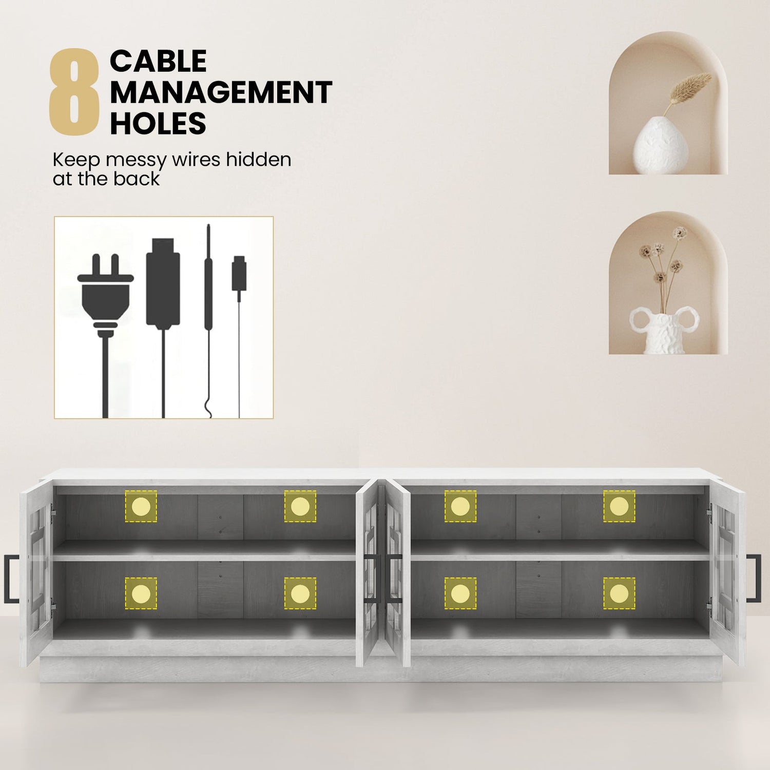 Mueble de TV de 4 puertas para televisores de hasta 75 pulgadas con estantes ajustables - Roble