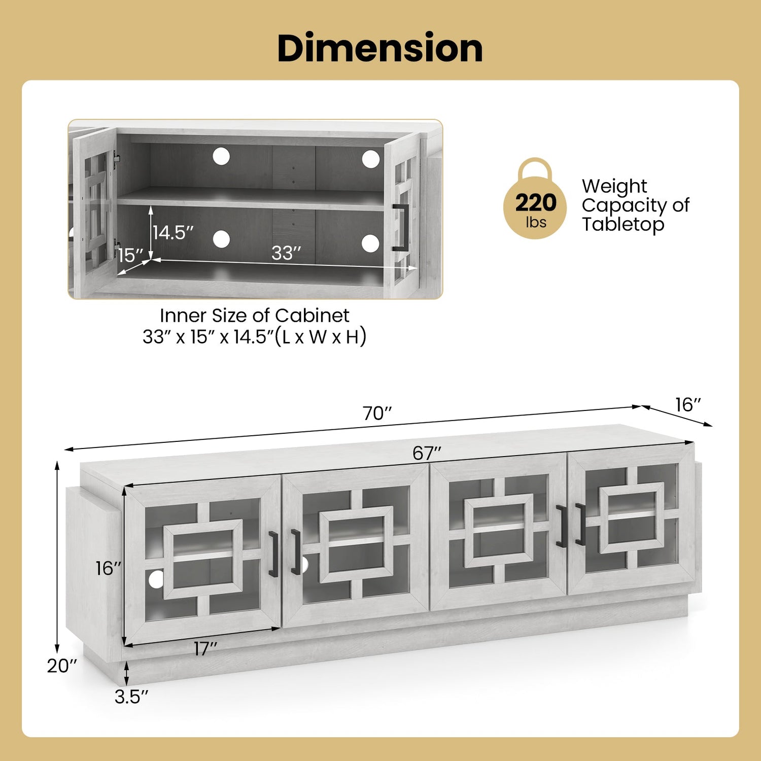 Mueble de TV de 4 puertas para televisores de hasta 75 pulgadas con estantes ajustables - Roble
