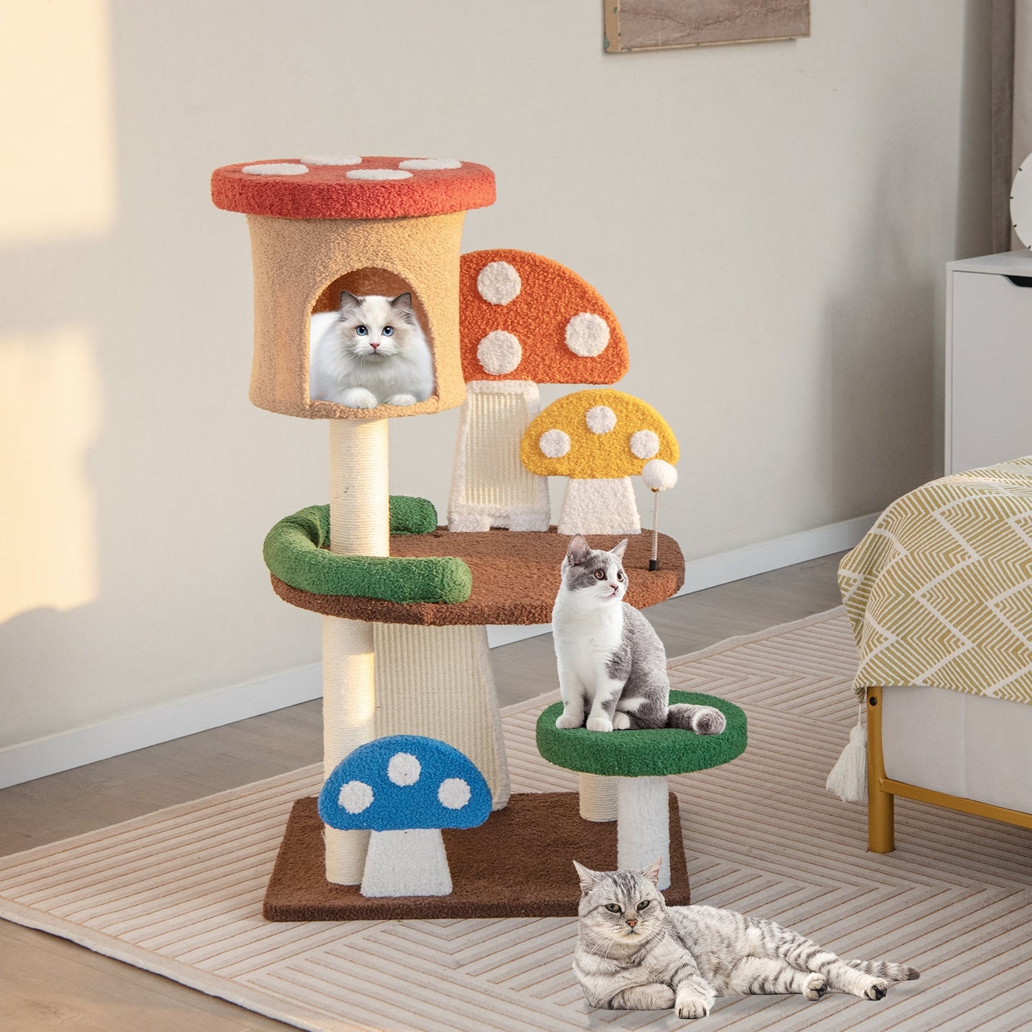 Rascador para gatos con forma de hongo 4 en 1, con condominio, bola de resorte y postes de sisal, multicolor