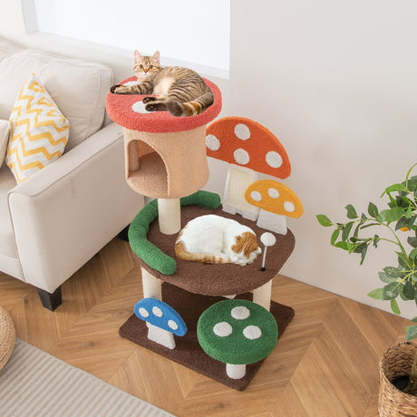 Rascador para gatos con forma de hongo 4 en 1, con condominio, bola de resorte y postes de sisal, multicolor