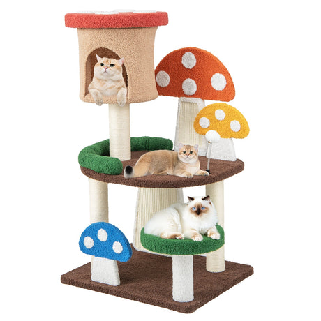 Rascador para gatos con forma de hongo 4 en 1, con condominio, bola de resorte y postes de sisal, multicolor